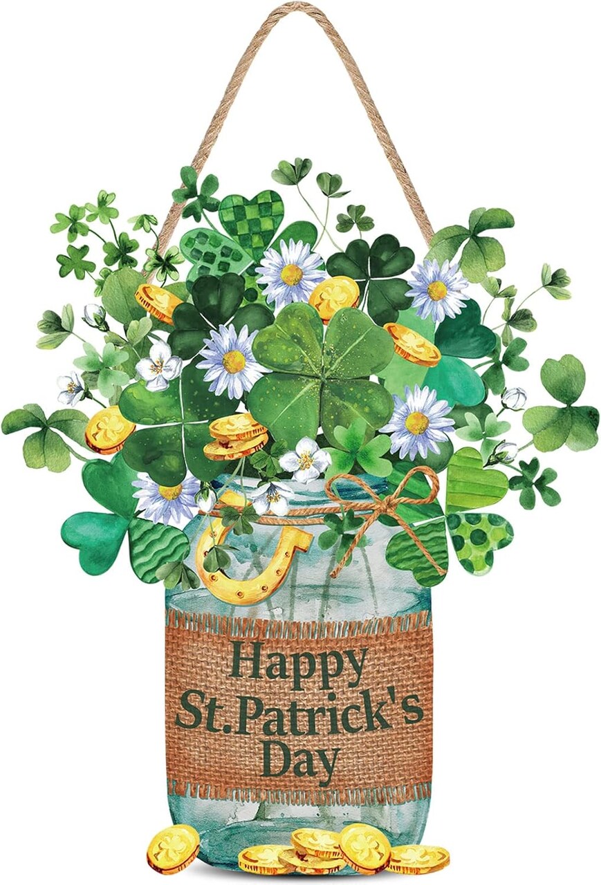 Happy St. Patrick's Day Door sign Patrick's Shamrock Jar Hanging Sign Irish Welcome Door Sign Spring Rustic Wood